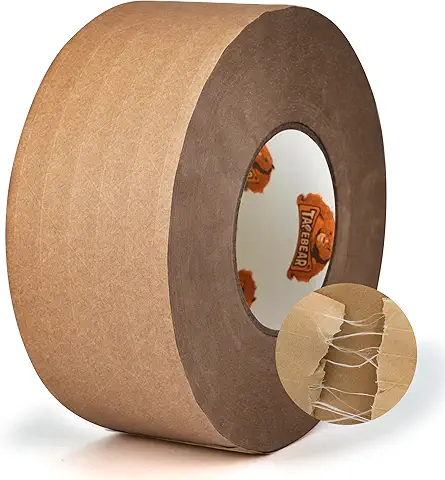 Water Activated Tape, Fiber Reinforced Gummed Tape 2inch x 165ft, Eco-Friendly Kraft Paper Tape Biodegradable Brown Packing Tape for Security Sealing, Heavy Duty Packaging and Shipping