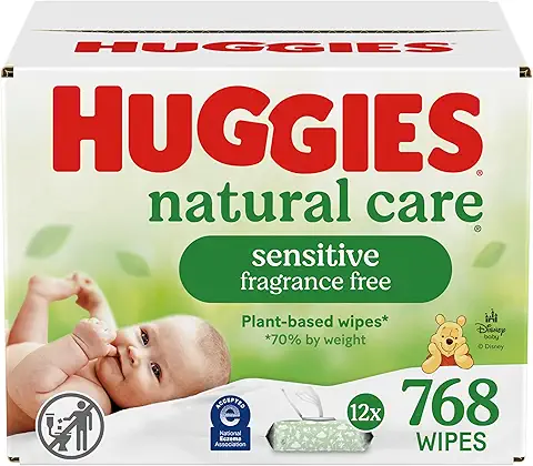 Huggies Natural Care Sensitive Baby Wipes, Unscented, Hypoallergenic, 99% Purified Water, 12 Flip-Top Packs (768 Wipes Total), Packaging May Vary