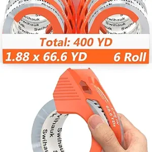 Swihauk Total 400 yd, 6 Pack 1.88 in x 66.6 yd - Heavy Duty Packing Tape with Dispenser Combo, Clear Shipping Tape, Packaging Tape, Package Tape for Shipping Moving Storage and Mailing, w30200