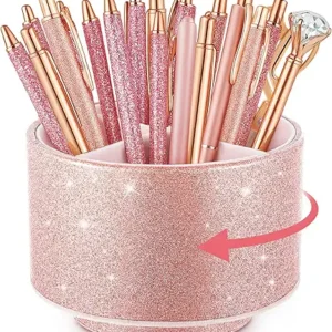 Epakh Pink Pencil Holder for Desk 360 Degree Rotating Bling Rose Gold Pen Organizer PU Leather Glitter Desk Accessories for Gift Women Office Classroom Home Bling Pink(Pen Not Included)