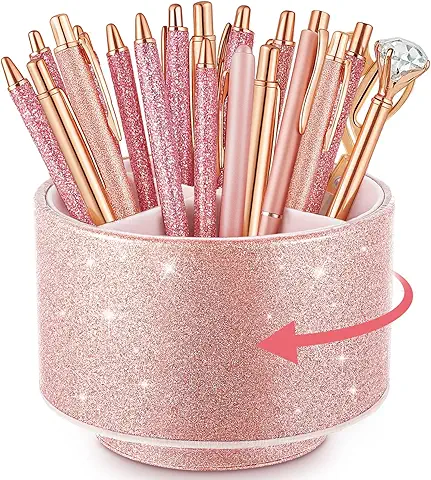 Epakh Pink Pencil Holder for Desk 360 Degree Rotating Bling Rose Gold Pen Organizer PU Leather Glitter Desk Accessories for Gift Women Office Classroom Home Bling Pink(Pen Not Included)